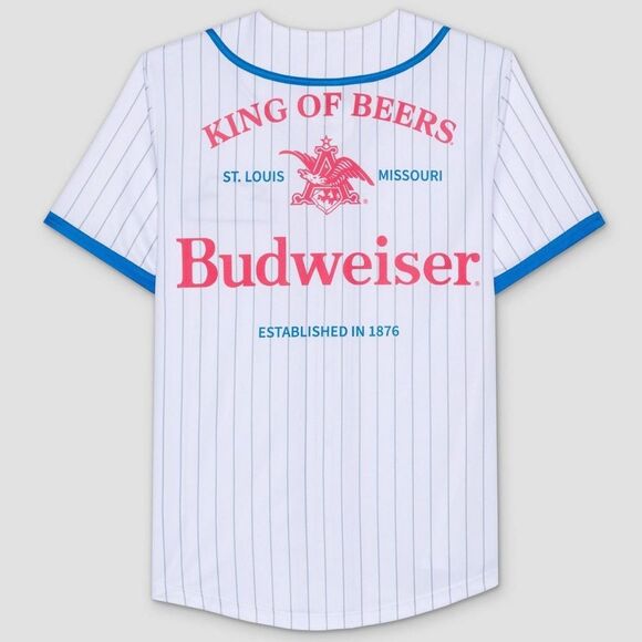NWT- Budweiser Blue-Trimmed Striped baseball Jersey- Size large - Picture 1 of 10